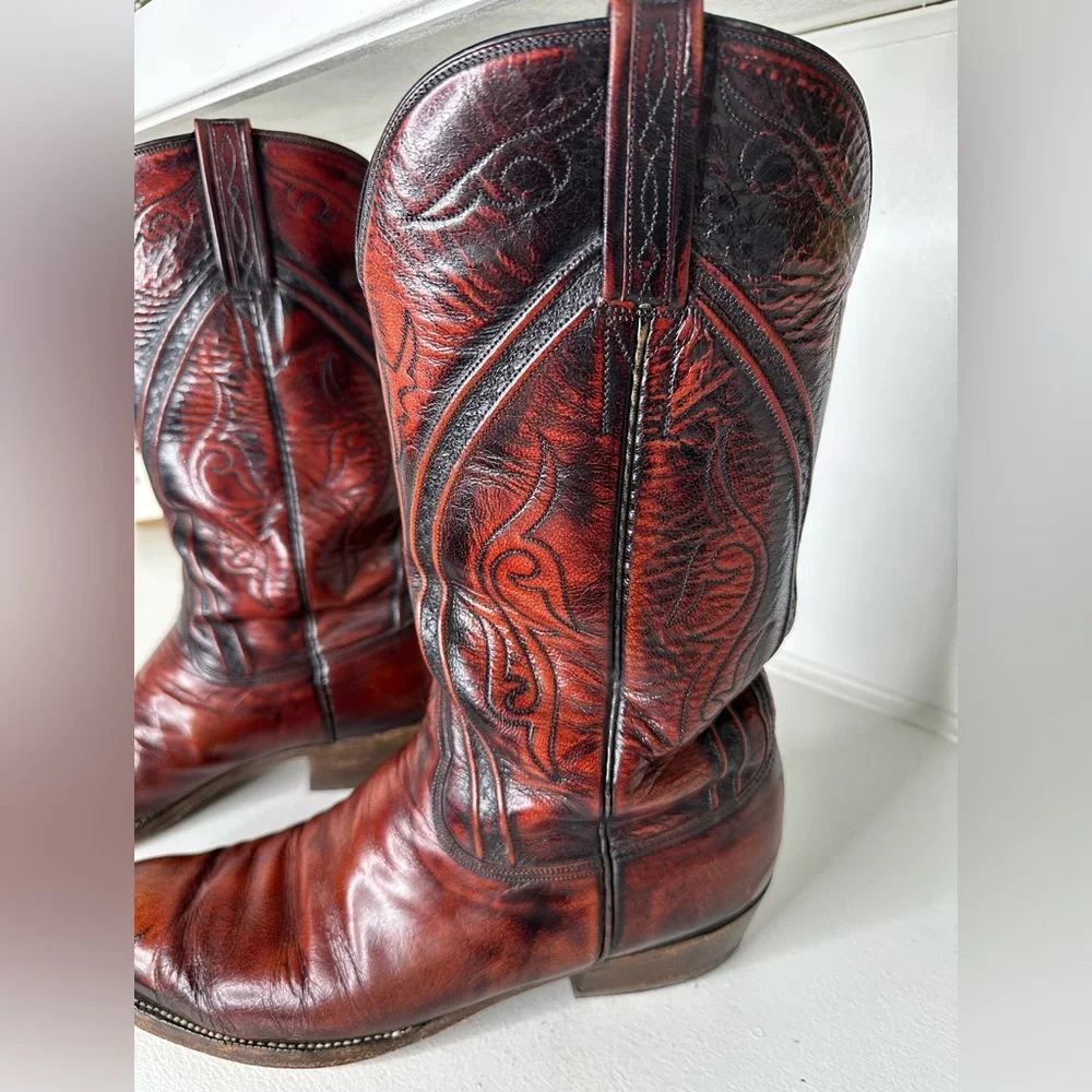 Vintage Lucchese Men’s 12B Cowboy Boots Brown Burgundy Handmade Leather Western - Picture 6 of 11